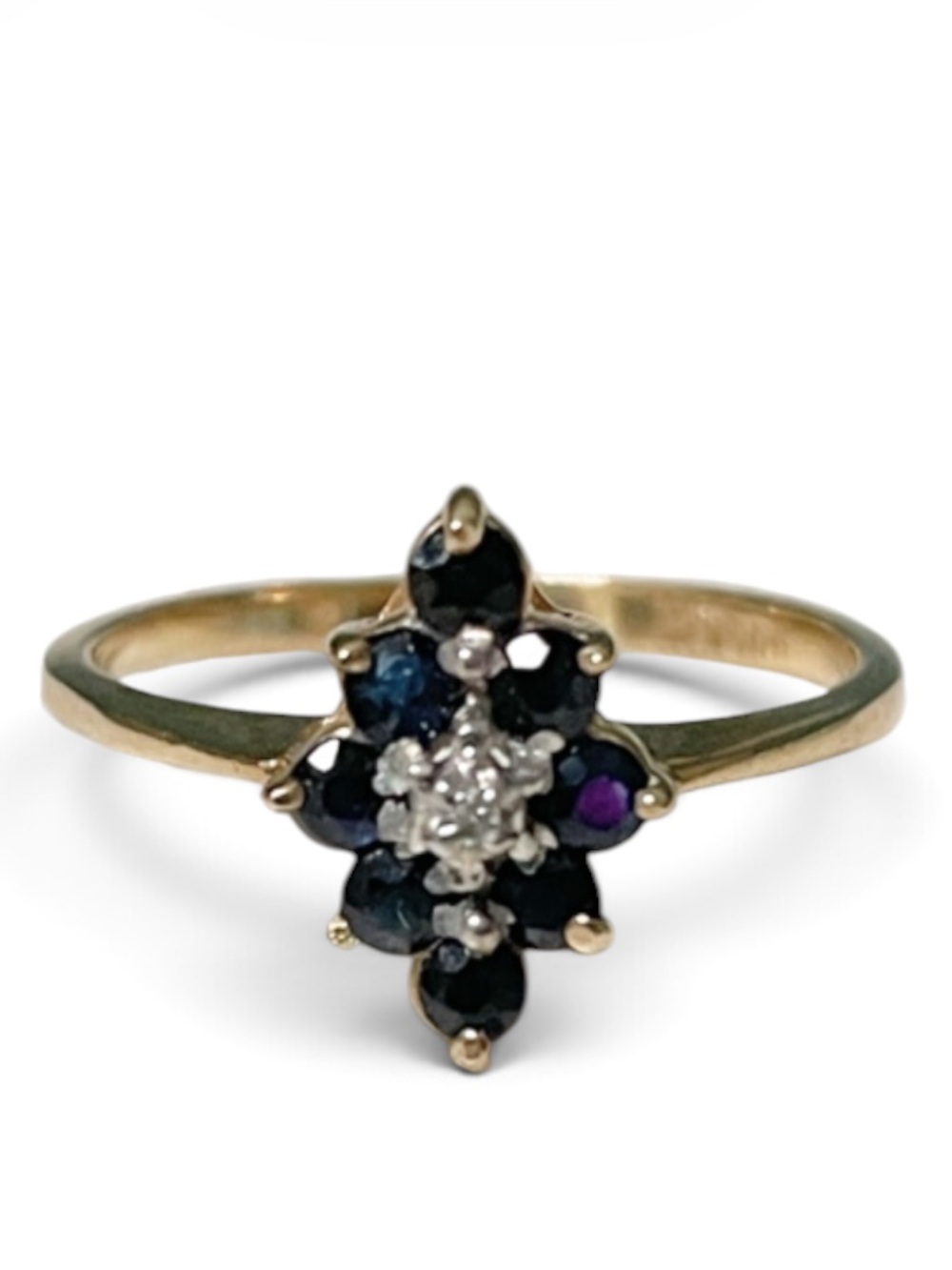Vintage 10K Solid Yellow Gold Sapphire Diamond Cluster Ring Size 6